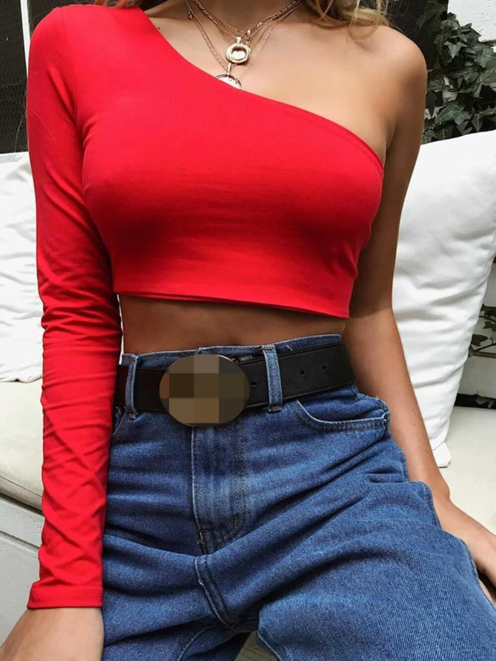 Tiger Mist One-Shoulder Crop Top (Red) - Picture 2 of 9